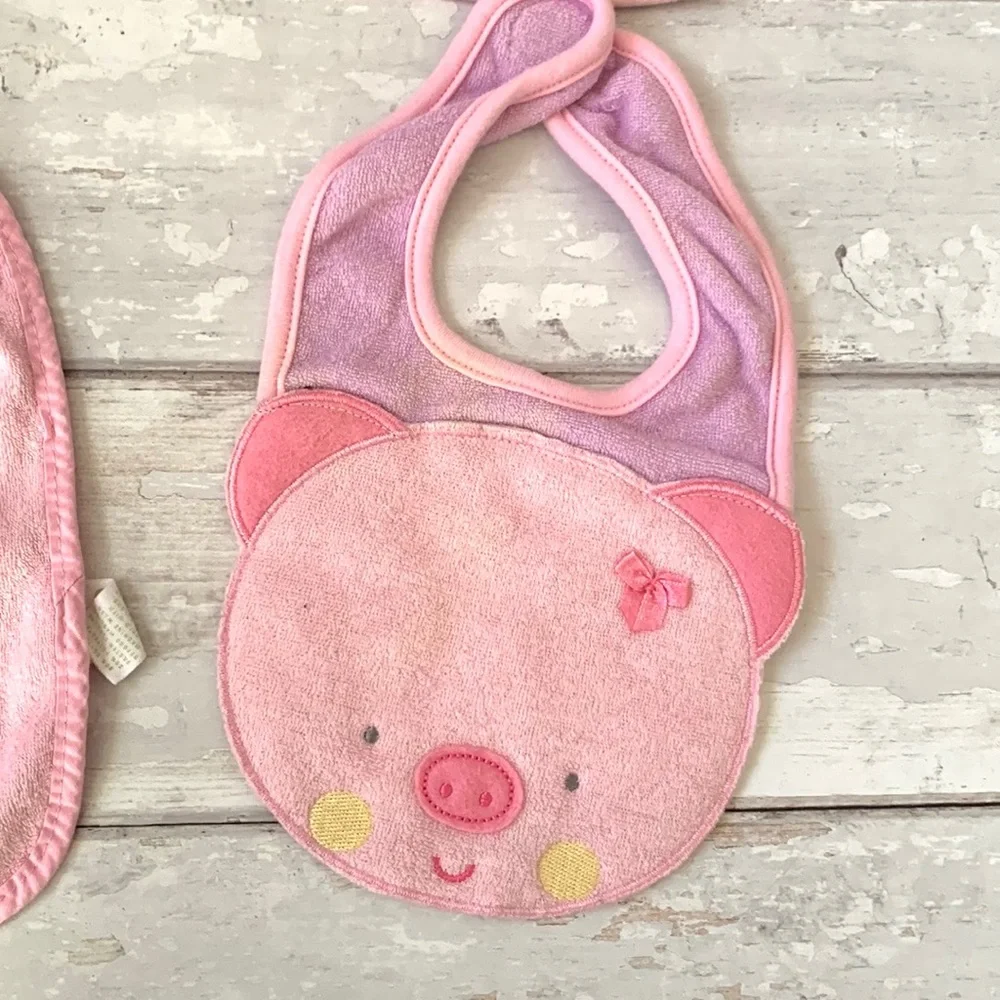Baby Girl OS Drool Bibs Bundle Set of 4 Assorted Brands Pink White & Animals